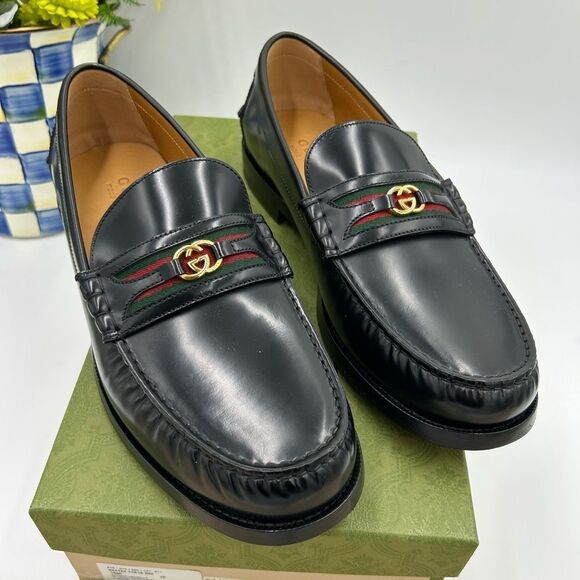 Men’s Gucci kaveh interlocking G web leather loafers size 12 made in Italy … - Picture 1 of 11